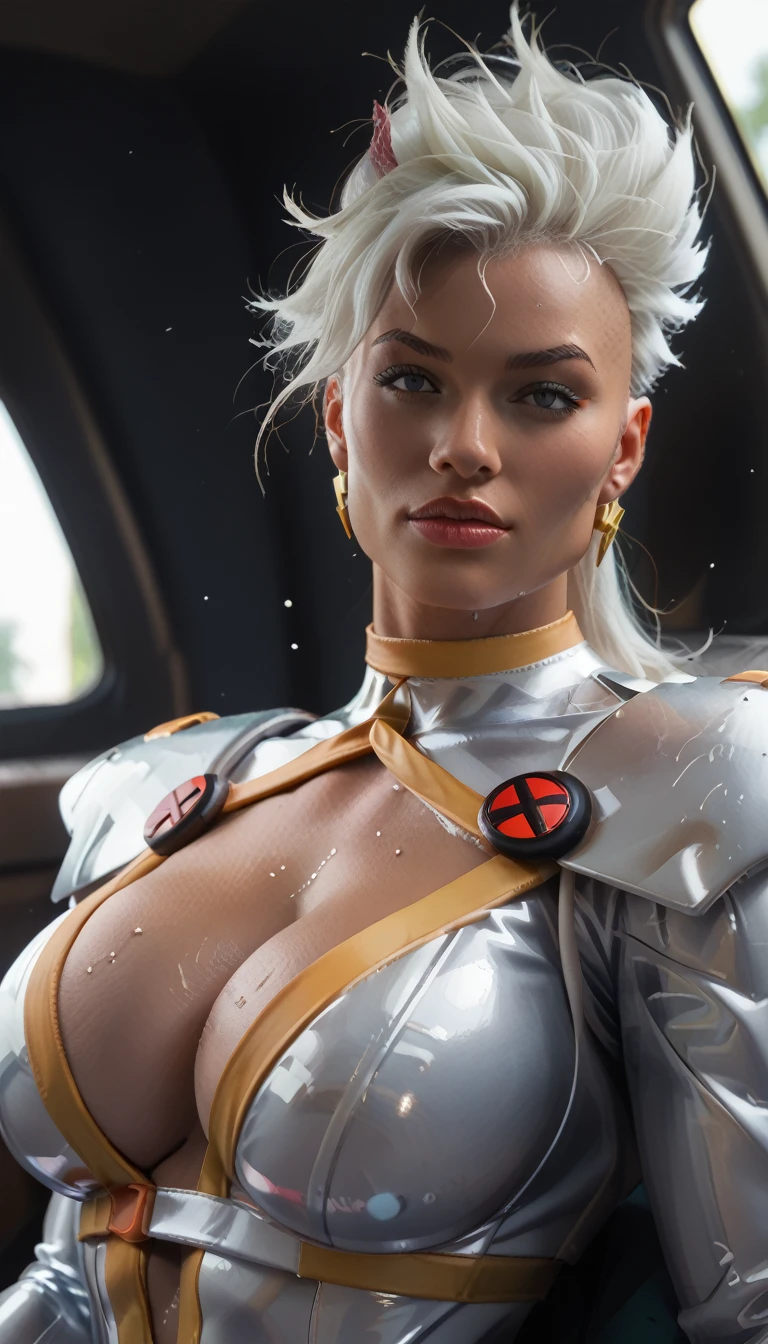 1girl, 35mm masterpiece, best quality, super high resolution photorealistic bokeh shot of xmen_storm, long white hair black summer, intricate facial details, hyper detailed, gigantic breasts, enormous hips, white costume, obscenely muscular, lying on top thighjob to a gigantic penis