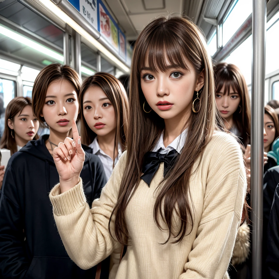 8k, RAW photos, ((Very cute slender ala-fed Asian schoolgirl in short skirt and bow tie, hugged by businessman in the back, on a crowded train)), (((Big: 1.1, drooping breasts: 1.3))), (White open button long shirt)), (Low angle shot), (High definition skin: 1.2), (Exposure: 1.5), (Exposed breasts: 1.5), (Exposed Crotch: 1.5), (Japan School Uniform), (Japan School Uniform), (Wearing Japan Uniform), (Surreal Schoolgirl), (Surreal Schoolgirl), (Schoolgirl Dressed, Surreal Schoolgirl), Wearing Uniform, Realistic Schoolgirl, Girl in Uniform, Schoolgirl Pose, Full Body, Lovely Skin, Glowing Skin, Lovely Thighs, Glowing Thighs, Glowing Legs, (Beautiful Brown Eyes, Brown Hair, White SkinBeautiful girl, pubic hair, with huge soft breasts and beautiful abs, ((on a crowded train)).