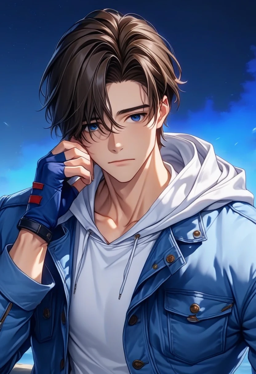  best quality, Alone, male focus,dark haired young man"Asuka" , Handsome and smart young man  ,   wearing a white hoodie, blue jacket, and jeans with fingerless driver gloves in his hands ,8ｋ ,2D Digital Art 