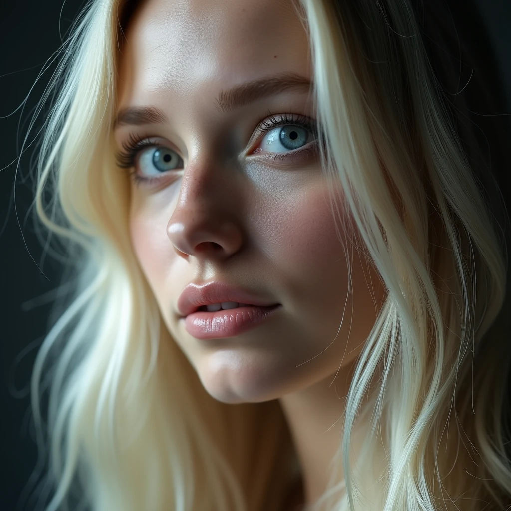 model shoot style, (high-quality, masterpiece, close portrait:1.4, 4k full HD photo) of a (young girl), (long hair, blonde hair, beautiful face:1.4, pretty face:1.2), (ecstasy of light and shadow, volumetric light and shadows:1.3), (contest winner photo by lee jeffries, greg rutkowski and magali villanueve)