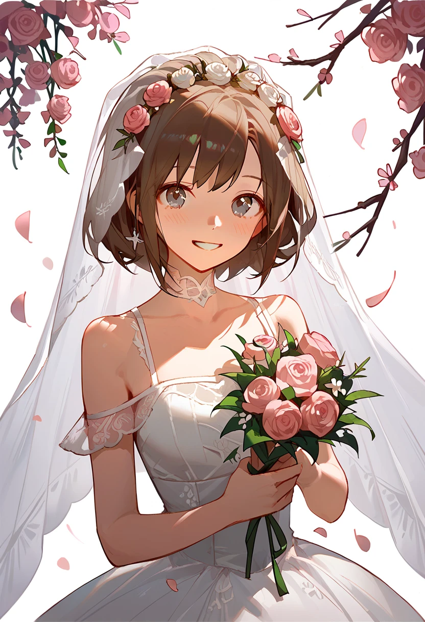 (masterpiece:1.2), best quality,PIXIV,Sweet girl portrait,
1girl, solo, flower, veil, bouquet, dress, smile, pink flower, brown hair, holding, holding bouquet, wedding dress, bridal veil, looking at viewer, blush, bare shoulders, white dress, grin, signature, off shoulder, hair ornament, petals, grey eyes, rose, upper body, pink rose, white background, off-shoulder dress, branch, hair flower, white flower, bangs, bride, green eyes, collarbone
