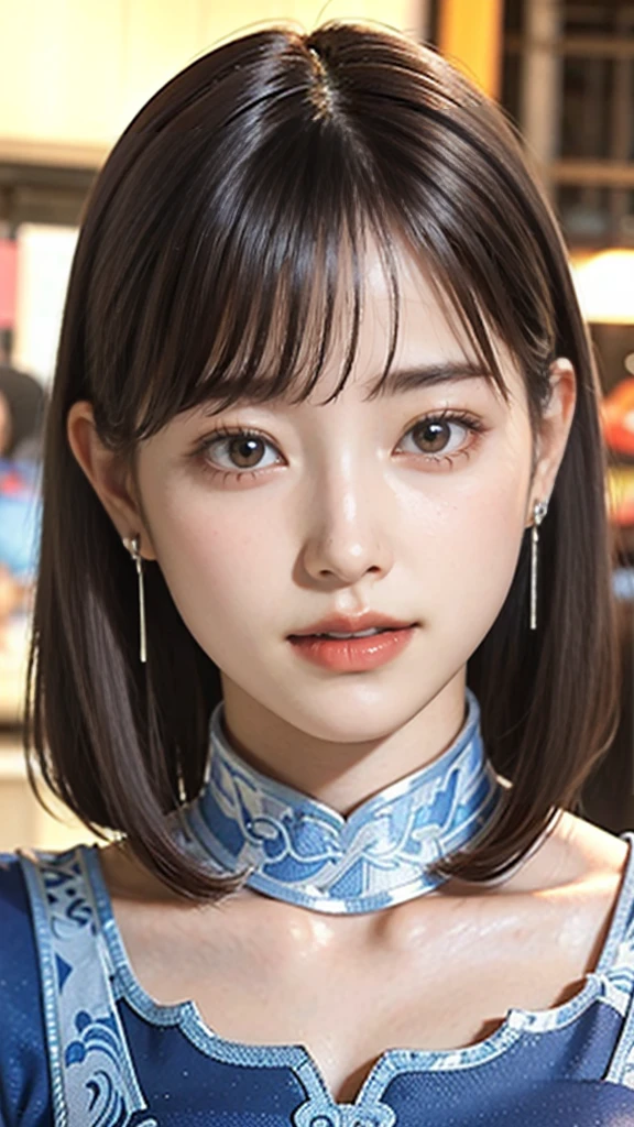 real image、masterpiece、1 beautiful girl、double eyelid、highest quality, 超High resolution, (reality: 1.4), movie lighting、asian beauty、super beautiful、beautiful skin、body turns forward、close up of face、(超reality的な)、(High resolution)、(8K)、(very detailed)、(beautiful and fine eyes)、(Super detailed)、 (wall-)、detailed face、bright lighting、professional lighting、looking at the viewer、look straight ahead、slanted bangs, perfect face, brown hair, medium hair、From SF6, smile, wide hips, muscular woman, ((big breasts))、Tight blue Chinese clothing, cleavage、slit、pantyhose,