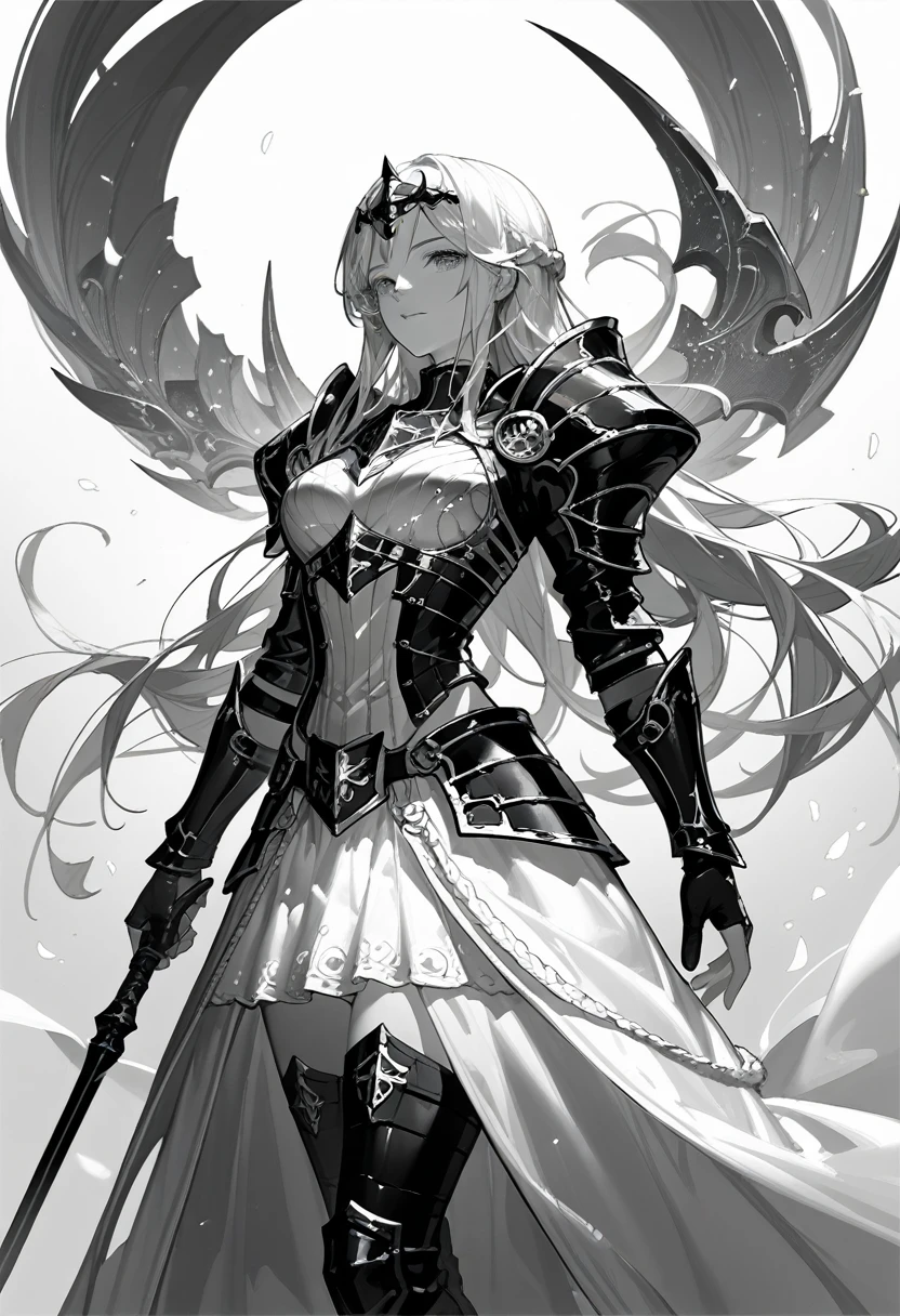 (black and white color scheme:1.4)close-up of a woman in a white dress ,epic exquisite character art, Beautiful armor, Extremely detailed Artgerm, detailed digital anime art, Artgerm on ArtStation Pixiv, girl in armor