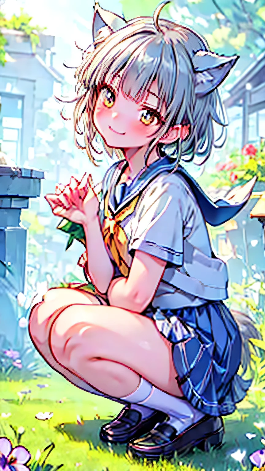  Pretty Girl Silver Haired Wolf Girl Beast Ears Wolf Tail Sailor Suit, Pleated Skirt, Brown Loafers, Crouching, Looking at the Flowers in the Flower Bed(pansy)  lots of butterflies around々Spring cheerfulness is flying  