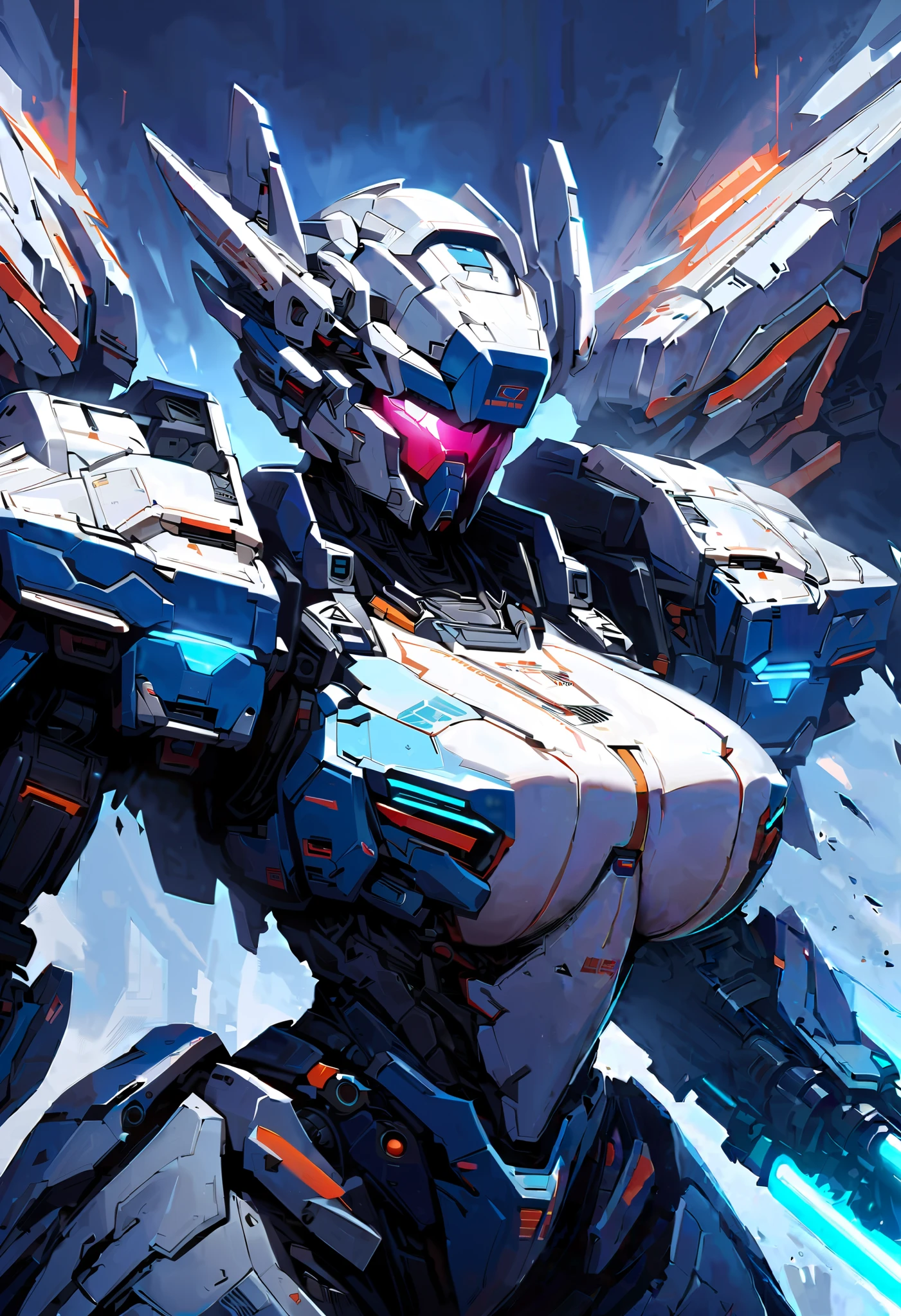 <lora:StealthMecha:1>, sky, cloud, holding_weapon, no_humans, glowing, , robot, building, glowing_eyes, mecha, science_fiction, city, realistic,light blue mecha with huge metal breasts <lora:germanbreasts:1>