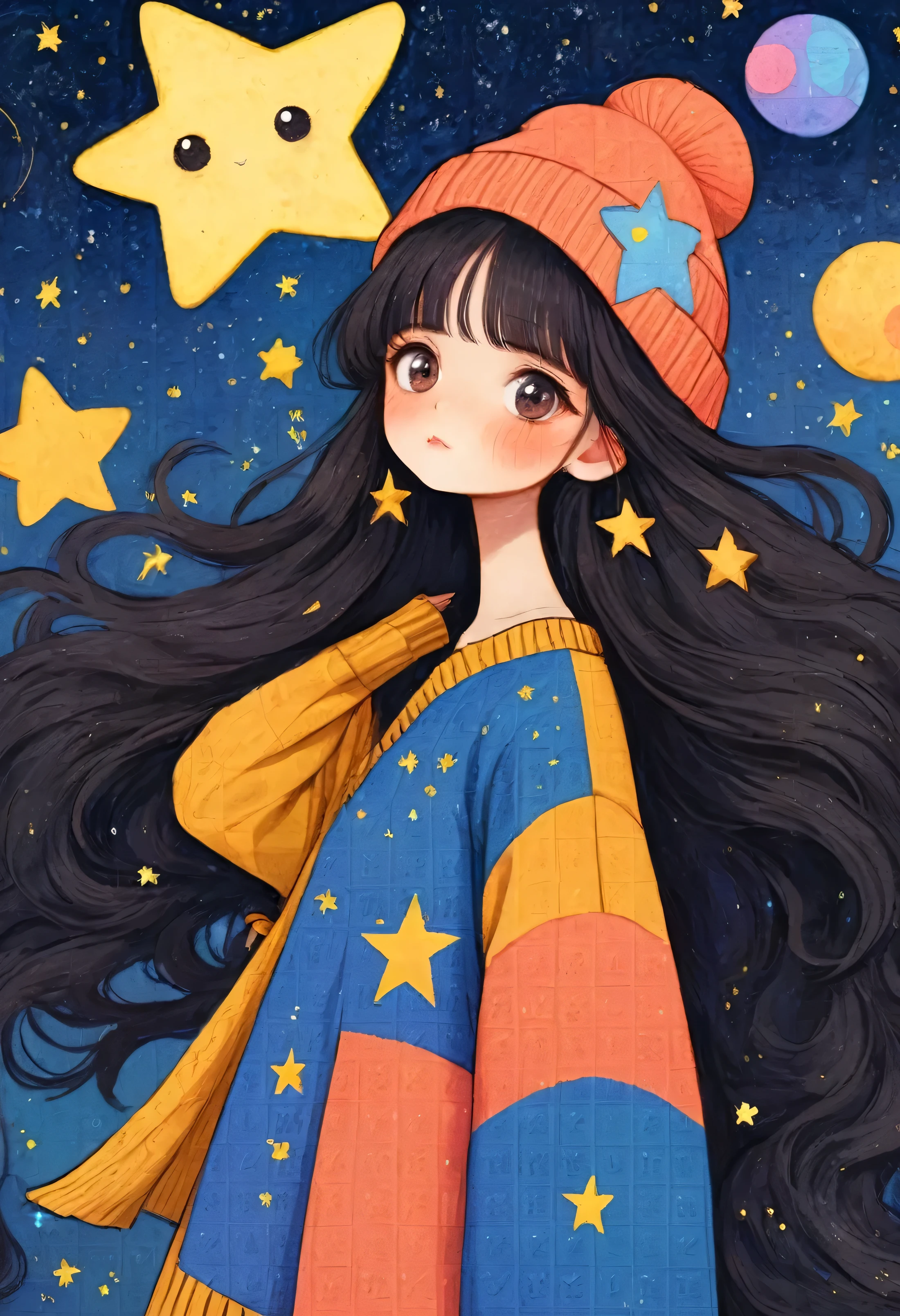 ish Art，Folk Art，thick black lines，Portrait with a hat， big eyes，sweater，anime girl with long hair and 星星s in her hair, dressed in 星星s and planets, 星星s in her gazing eyes, 