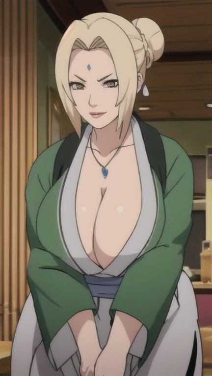 Tsunade senju,Saggy big breast,Aging,Wrinkle in face,Cleavage,Pearl earring,tsunade Pendant,Wedding ring,Green sleeve kimono with cleavage,Curvy figure,Brown eyes,((Colorless lip)),Visible nape,Smug,Seductive smile,light blush,Detailed eyes,Long sleeve,hime cut bang hair,Uzumaki clan mark,low updo bun ,1girl,Solo,Long nail,Eyeshadow