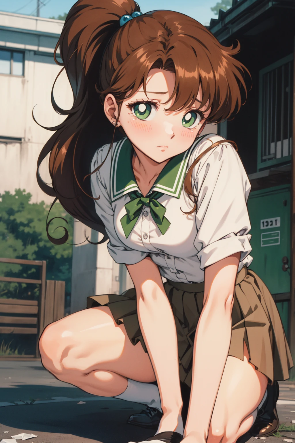 Best Quality,  high resolution on down, 1990s \( style \), retro art style , 1990s anime cels  style , Brown uniform,  brown pleated skirt ,  ponytails,In the schoolyard、Light green eyes、  sitting on the floor with her knees open ,  ponytail, (Torn clothes、)、Dynamic、Ruins where Fighting 、Torture scene、 torture room、Woman being tortured、tears、blush、 sad