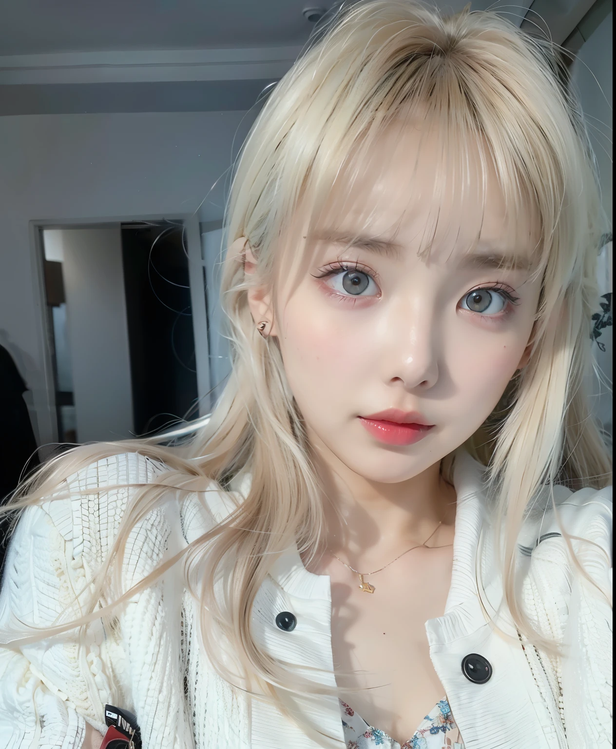 Blonde girl with red lips and a white jacket posing for a photo., Lalisa Manobal, Lalisa Manoban of Blackpink, ulzzang, with bangs completo, pale round face, with bangs, White hime cut hairstyle, pale fair skin!!, Popular South Korean makeup, pale porcelain white skin, popular Korean makeup, pale red, Center-parted bangs