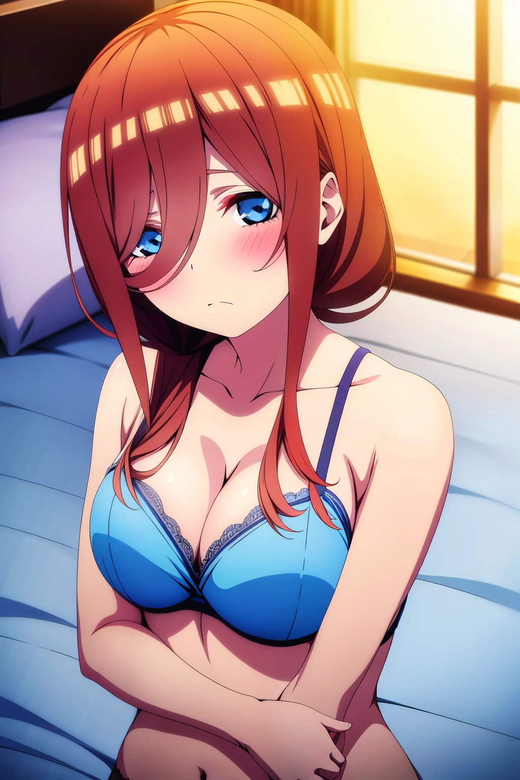 Miku Nakano, lying in bed wearing lingerie, Small breasts.