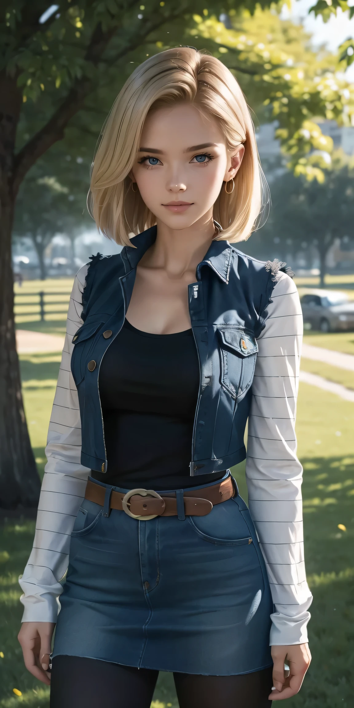 Android 18, Light Blonde hair, Medium hair shaggy cut for women, Blue Transparent eyes of Slavic Caucasians, She has sexy double eyelids above and below her eyes, The flash in the eyeballs is brilliant, Wearing round earrings, Tight Long sleeves with black stripes on a white background, Blue denim mini vest, Blue denim mini skirt, The denim skirt's zipper seam line and stitching run vertically straight to the bottom of the skirt, Open-chested denim vest, Large breasts, Women's Western Cowboy Belt, Brown see-through pantyhose, Western short boots, Looking at viewer, Her whole body is visible on the screen, She is standing in front of the bench Her entire body is visible on the screen, from her head to her boots, Slight smiling with closed lips standing next to bench , Blue sky, outside, park, grass, Summer, trees, blue sky, high quality, masterpiece,