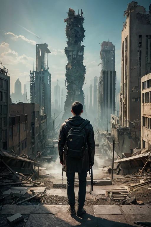 complete the image with destroyed buildings and people running, with two military helicopters flying