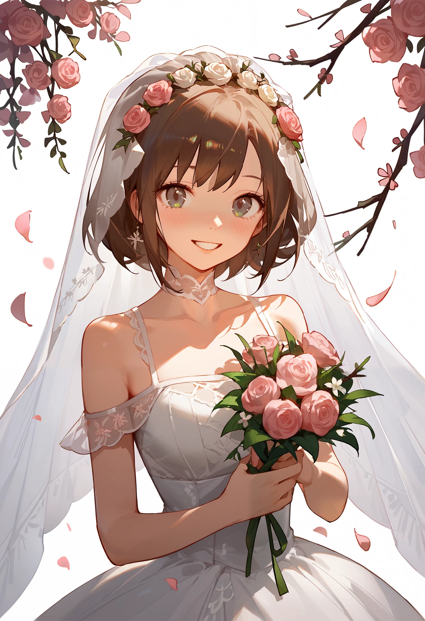 (masterpiece:1.2), best quality,PIXIV,Sweet girl portrait,
1girl, solo, flower, veil, bouquet, dress, smile, pink flower, brown hair, holding, holding bouquet, wedding dress, bridal veil, looking at viewer, blush, bare shoulders, white dress, grin, signature, off shoulder, hair ornament, petals, grey eyes, rose, upper body, pink rose, white background, off-shoulder dress, branch, hair flower, white flower, bangs, bride, green eyes, collarbone
