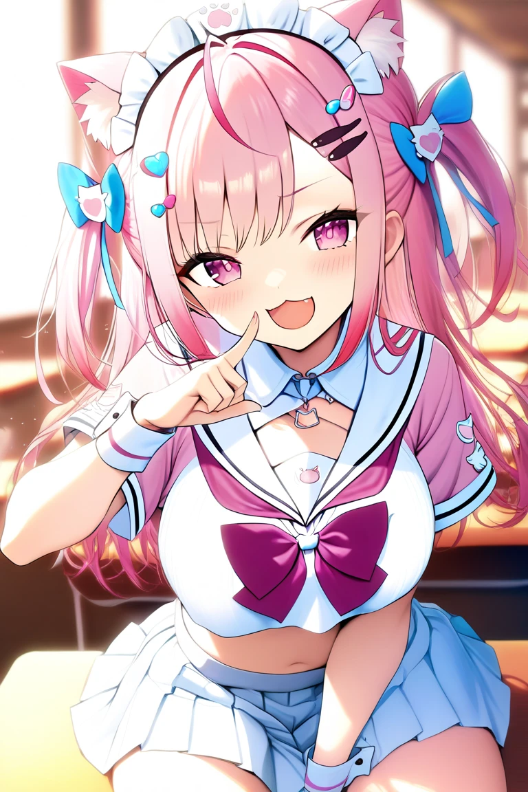 1girl,solo,sakuna,pink eyes,Beautiful Eyes,:3,mesugaki,skin fang,pink hair,cat ears,long hair,two side up,large breasts,hair ornament,wrist cuffs,sakuna,happy,cute beauty idols,beautiful lighting,Detailed skin,ultra-detailliert,detailed faces and eyes,Realistic eyes,Sharp pupils,Inside the classroom,Schools,Evening glow,blurry backround,(a sailor suit,Pleated miniskirt,Curve),Sitting on a desk、Smile with open mouth、Looks happy, Anatomically correct hands and fingers,(masterpiece,best quality,very aesthetic,ultra detailed)