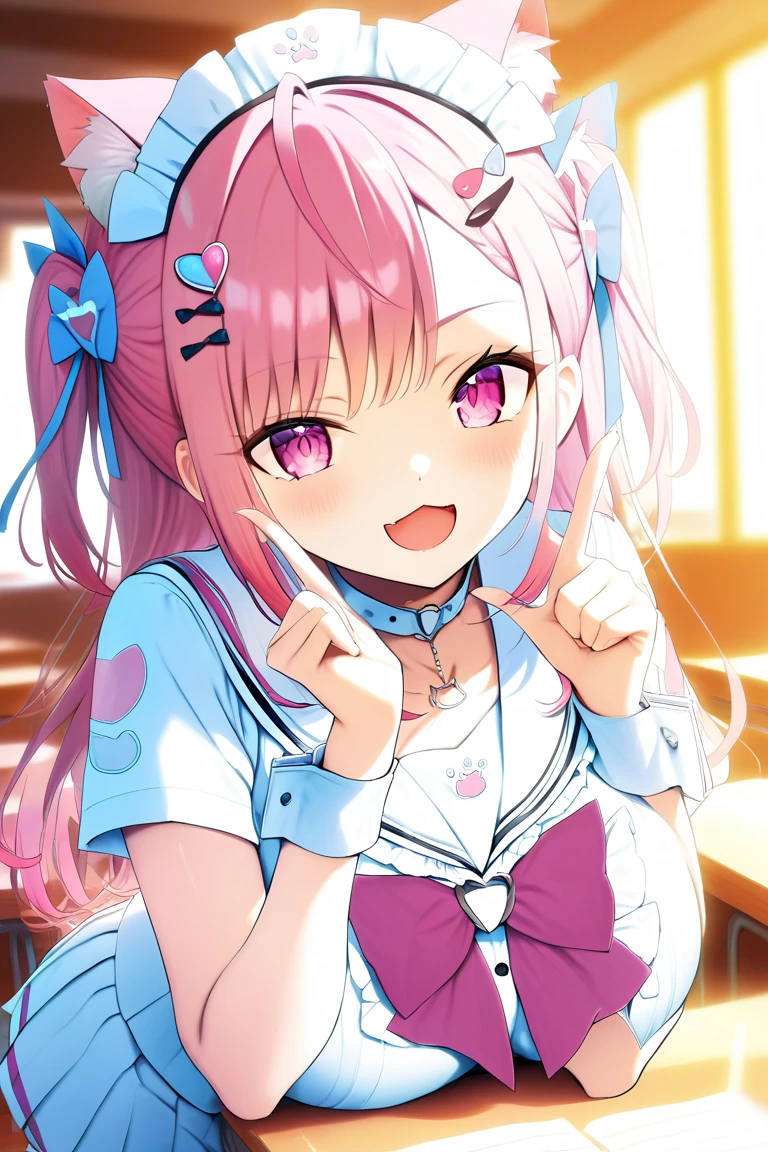 1girl,solo,sakuna,pink eyes,Beautiful Eyes,:3,mesugaki,skin fang,pink hair,cat ears,long hair,two side up,large breasts,hair ornament,wrist cuffs,sakuna,happy,cute beauty idols,beautiful lighting,Detailed skin,ultra-detailliert,detailed faces and eyes,Realistic eyes,Sharp pupils,Inside the classroom,Schools,Evening glow,blurry backround,(a sailor suit,Pleated miniskirt,Curve),Sitting on a desk、Smile with open mouth、Looks happy, Anatomically correct hands and fingers,(masterpiece,best quality,very aesthetic,ultra detailed)