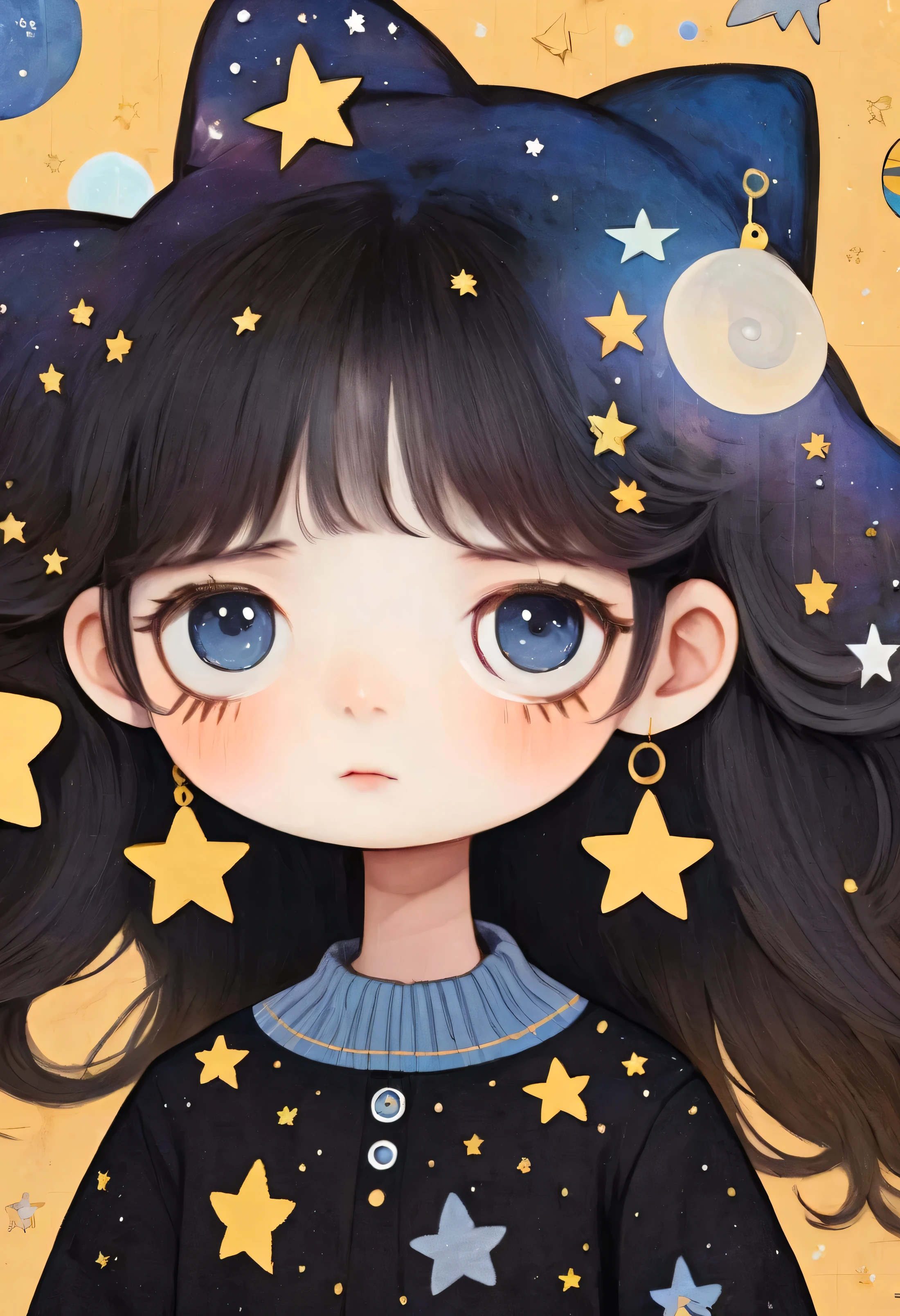 ish Art，Folk Art，thick black lines，Portrait with a hat， big eyes，sweater，anime girl with long hair and 星星s in her hair, dressed in 星星s and planets, 星星s in her gazing eyes, 