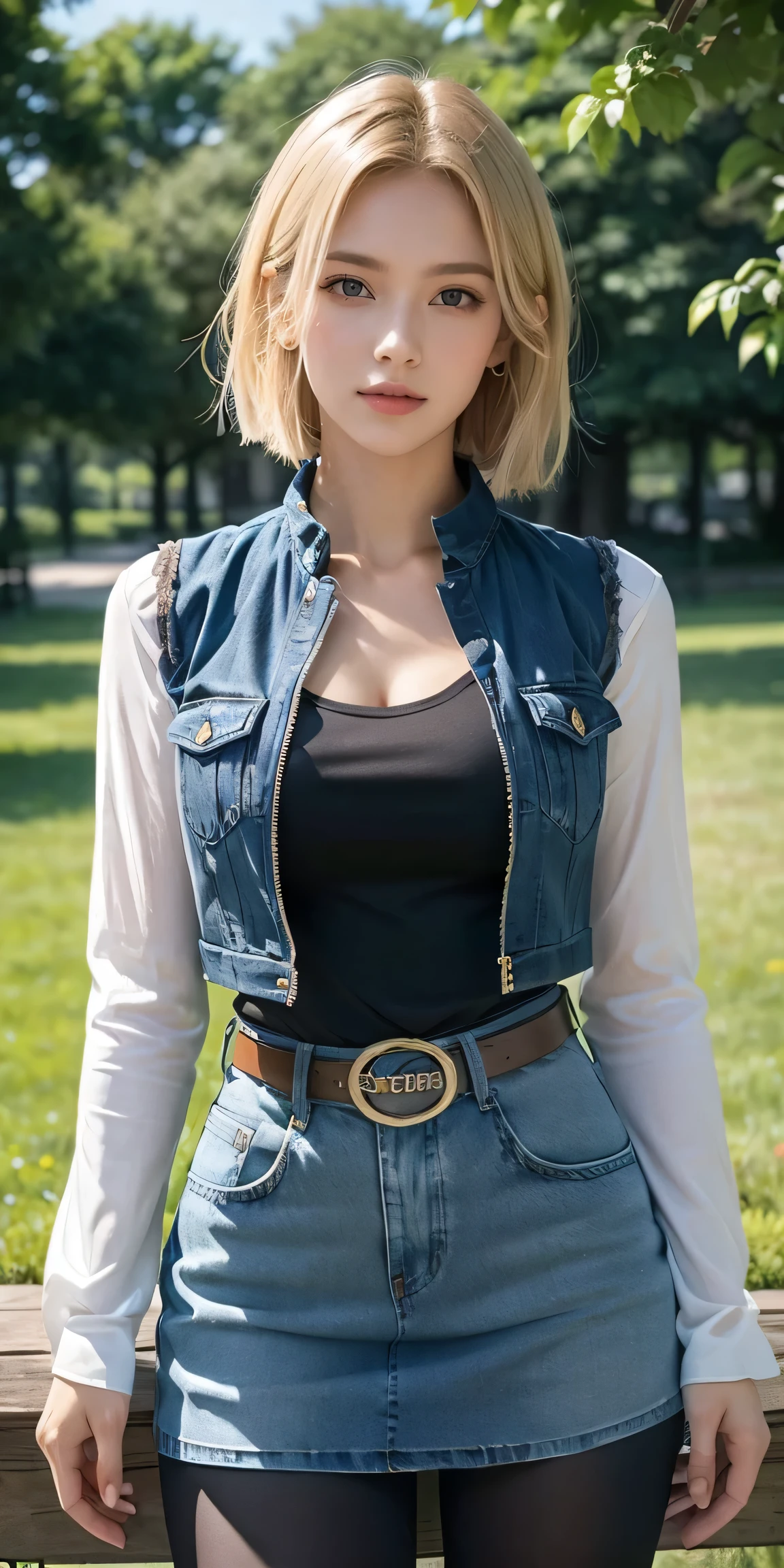 Android 18, Light Blonde hair, Medium hair shaggy cut for women, Blue Transparent eyes of Slavic Caucasians, She has sexy double eyelids above and below her eyes, The flash in the eyeballs is brilliant, Wearing round earrings, Tight Long sleeves with black stripes on a white background, Blue denim mini vest, Blue denim mini skirt, The denim skirt's zipper seam line and stitching run vertically straight to the bottom of the skirt, Open-chested denim vest, Large breasts, Women's Western Cowboy Belt, Brown see-through pantyhose, Western short boots, Looking at viewer, Her whole body is visible on the screen, She is standing in front of the bench Her entire body is visible on the screen, from her head to her boots, Slight smiling with closed lips standing next to bench , Blue sky, outside, park, grass, Summer, trees, blue sky, high quality, masterpiece,