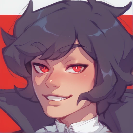 Human Male Innocent , Black hair  , Red Sweater , Black Coat  ,Adolescent , red pupils  , red simple background,character sheet , one Demon eye 