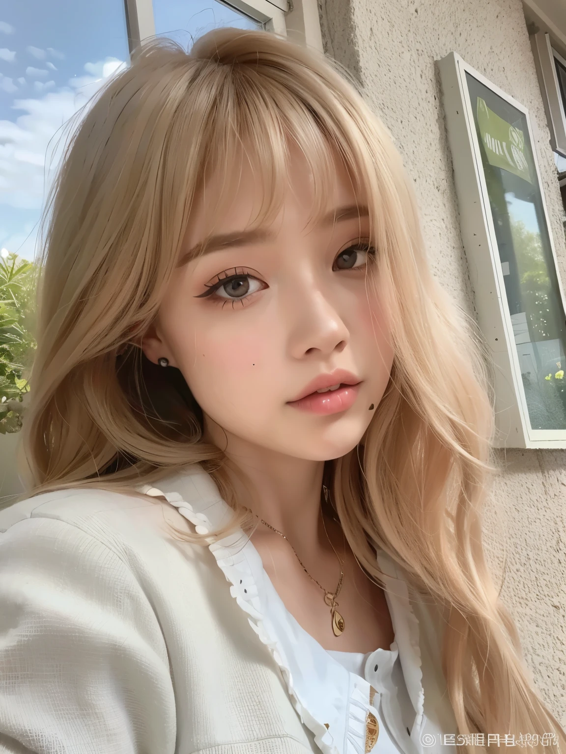 a close up of a girl with long blonde hair and a white shirt, Lalisa Manobal, Lalisa Manoban of Blackpink, white hime cut hairstyle, ulzzang, The Hime, cabelos longos with strip, with strip, Separate central strip, cabelo arrumado with strip, cabelo comprido with strip completa, pale round face, with strip completa