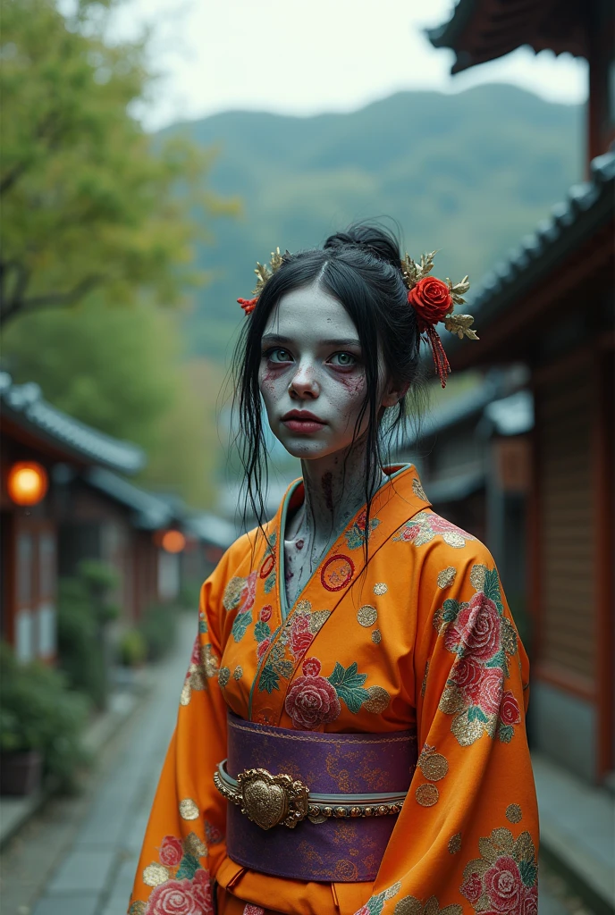 Love Shrine Maiden、Horror art style、Zombie Shrine Maiden、Japanese Shrine Maiden、Eyes are red and glaring、Japanese shrine background at night、Portrait from the shoulder up、A snake with red eyes on his shoulder、Facing forward、Wearing a kimono、Images with the face facing forward、
