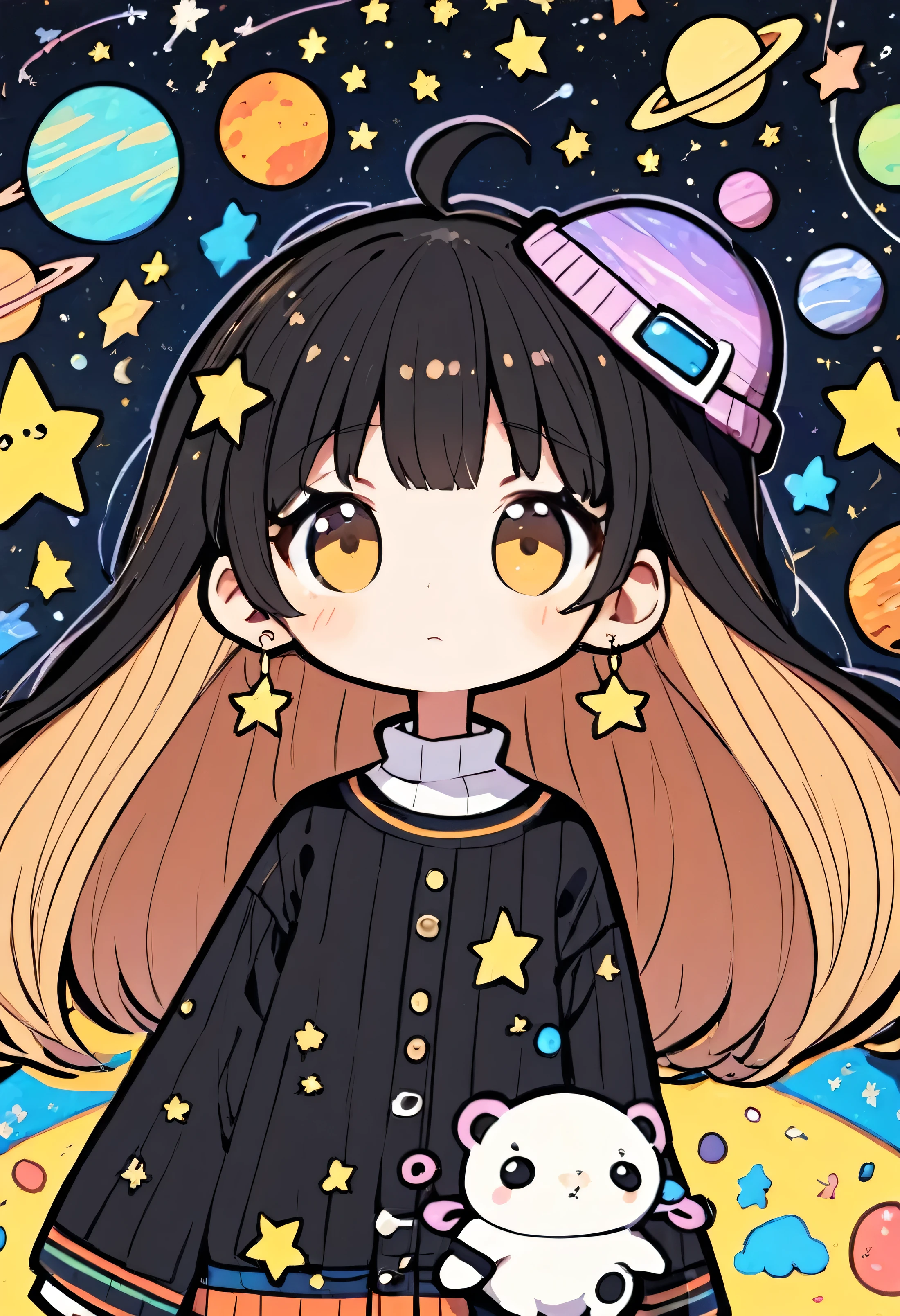 Childish Art，Folk Art，thick black lines，Portrait with a hat， big eyes，sweater，anime girl with long hair and 星星s in her hair, dressed in 星星s and planets, 星星s in her gazing eyes, 