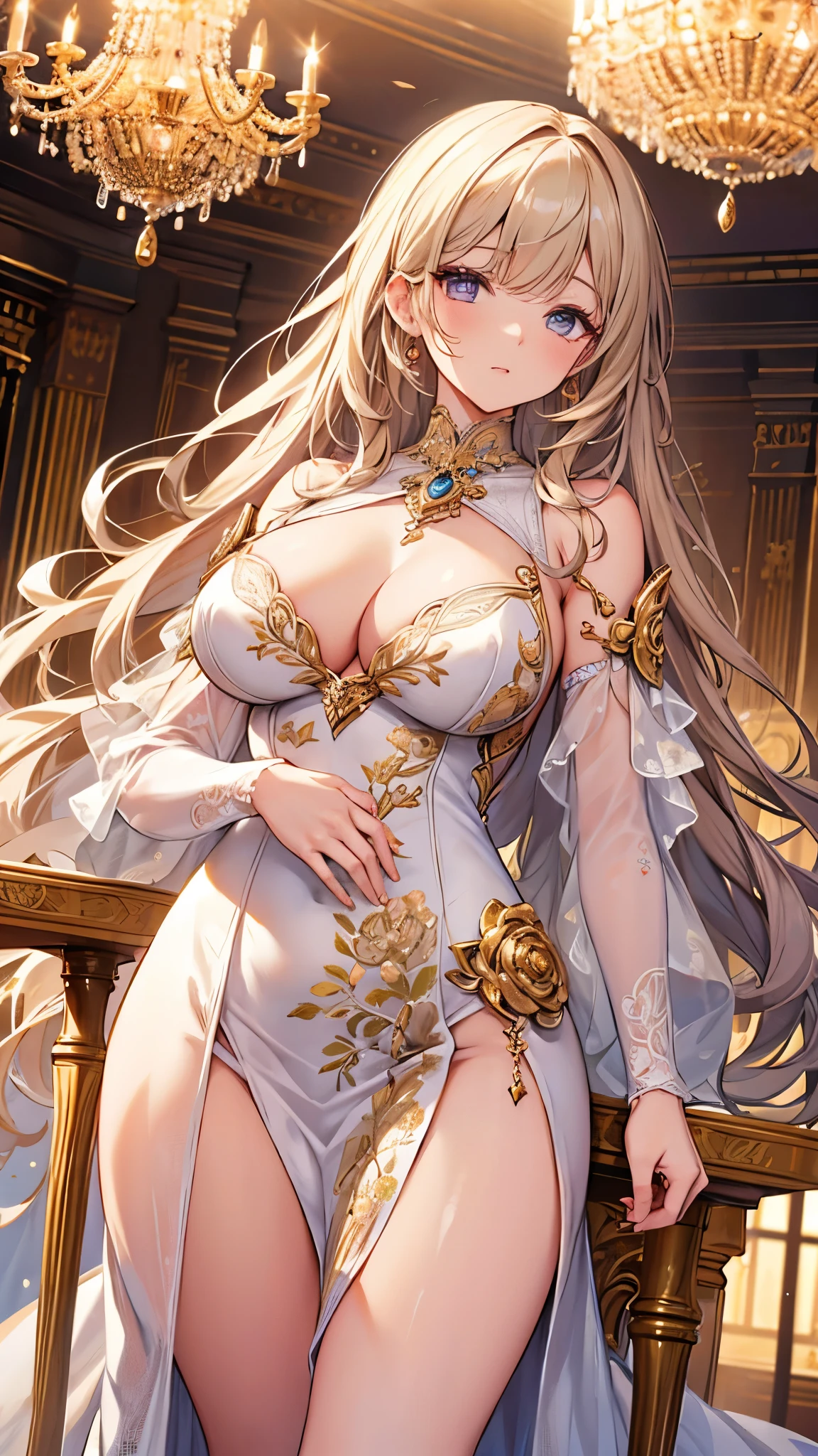 ((highest quality、High resolution))、unparalleled beauty、perfect body、beautiful ample breasts、Long blonde、bangs、embellished sexy dress、skirt、a sexually excited look、spread your legs wide、((I'm inviting you to have sex))