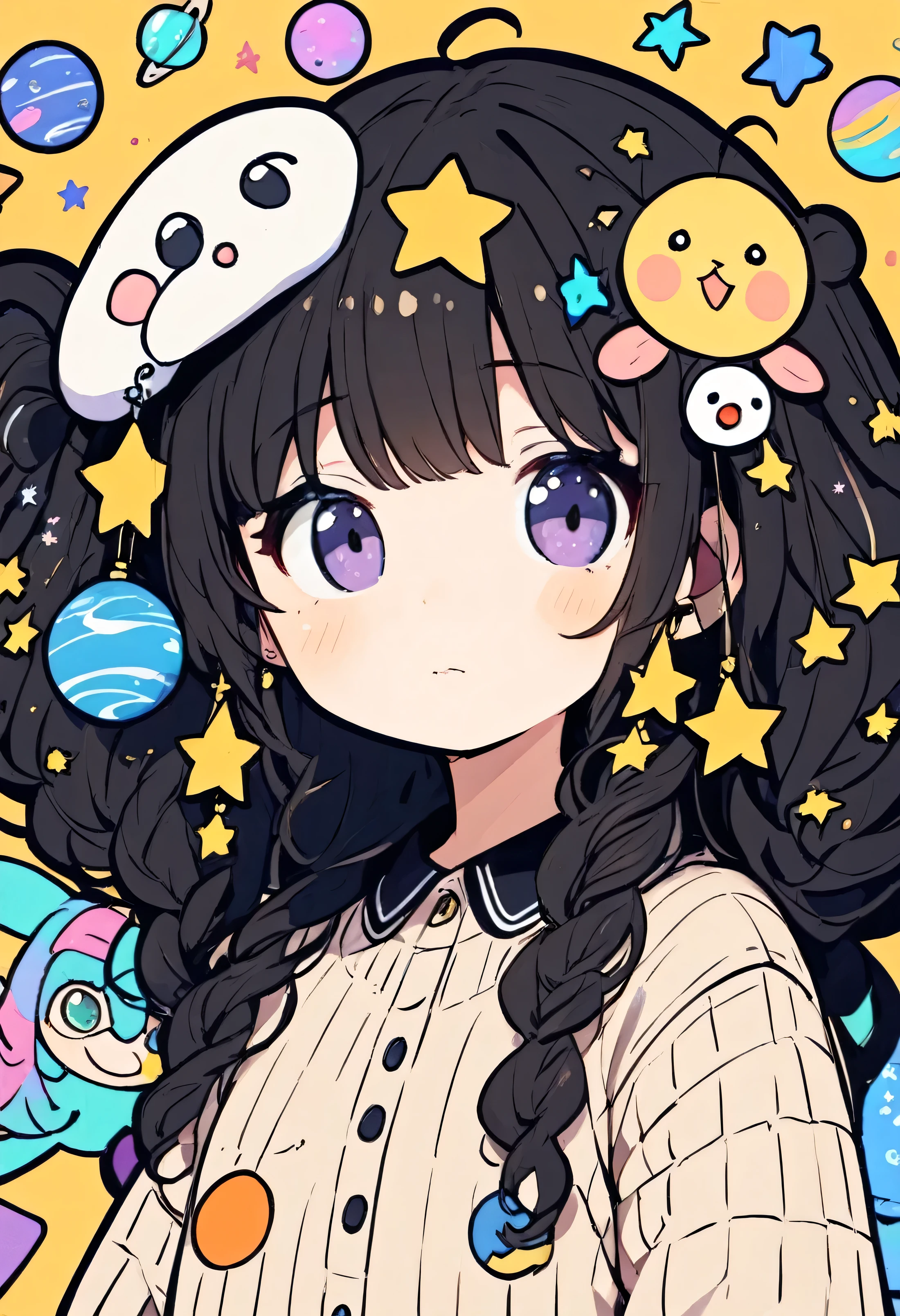 Childish Art，Folk Art，thick black lines，Portrait with a hat， big eyes，sweater，anime girl with long hair and 星星s in her hair, dressed in 星星s and planets, 星星s in her gazing eyes, 