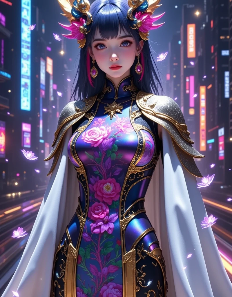  purple rose cheongsam cyberfantasy mecha ,  stylish cyberpunk style mecha suit ,  with a dreamy high split purple rose short cheongsam paint,  shows a fierce female fighter , Strong posture , confidence,  ready to dominate future battlefields under neon lights 