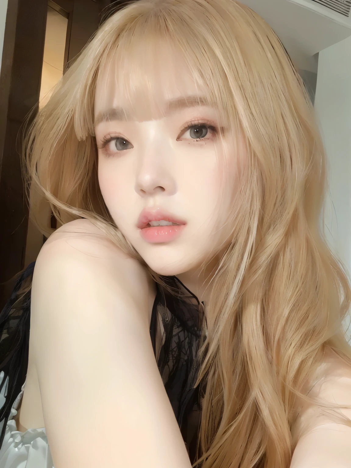 Blonde woman with long hair holding a white cell phone., retrato de kim petras, maquillaje popular de corea del sur, Retrato de Jossi de Blackpink, Parque Roseanne de Blackpink, ulzzang, maquillaje coreano popular, cruel korean gothic girl, ava max, con el pelo largo y blanco, inspirado en Yanjun Cheng, bella delfina, kim taejin