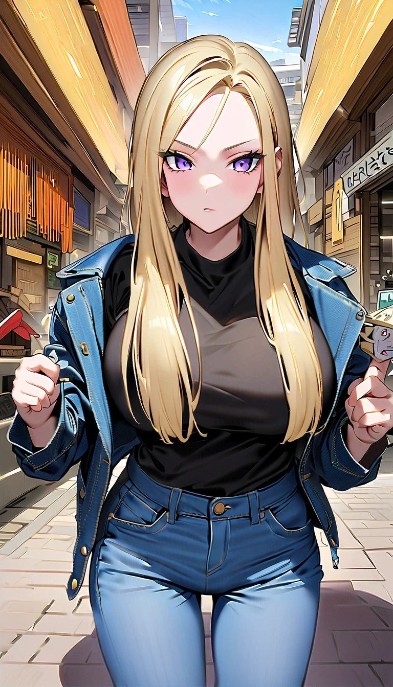 Android 18、Blonde、 big breasts at the temple、valley、、 black shirt 、denim jacket、 the background is the city、 shopping、Choose your clothes