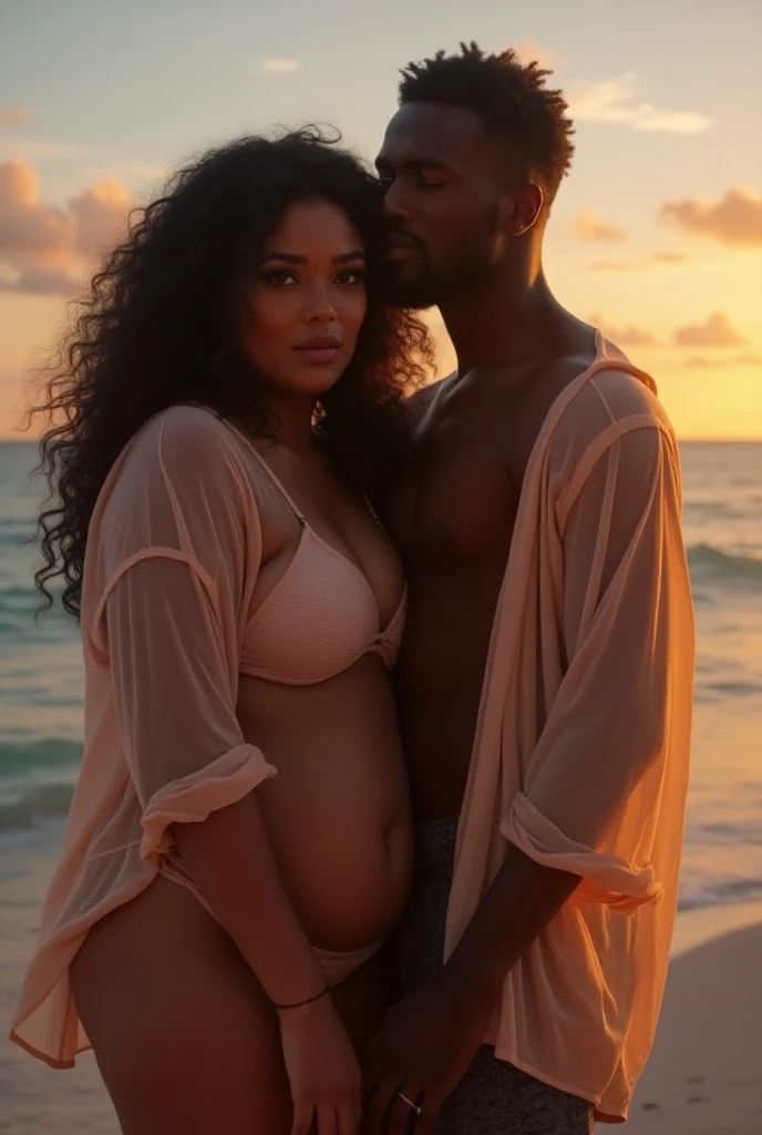 A black man hugs a naked white pregnant woman with brown hair, full-face, on the beach