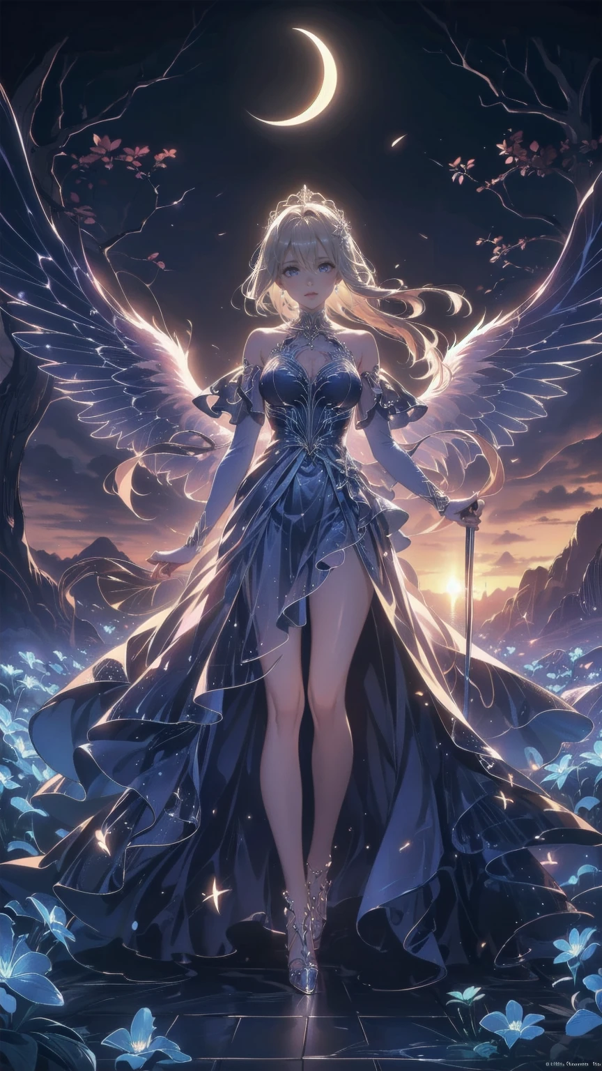 an epic fantasy art  portrait of aasimar, woman, paladin ready for battle under the full moon, Holy Knight,Grab a weapon ,Shining angel halo,  spread wings with large feathers, Majestic Wings, white Angelic Wings spread (masterpiece,  intense detail : 1.5), moon light, moon, star, cloud,  sacred symbol ,  Wielding a divine sword,  wearing sacred armor ,  Dynamic Hair Color ,  Dynamic hairstyle, dynamic skin tones, Dark fantasy (Forest Background: 1.3),  anatomically accurate  (masterpiece 1.3,  intense detail ), Angel_Wings, The face of determination, god rays,  Movie Lighting, Shining Light,  silhouette, From the outside,  photorealism,  Panoramic View (masterpiece 1.3,  intense detail ) , Wide angle,  see her knees and ankles  , 16k,  Hi-Res,  best quality,  high detail  , 16k, Super detailed, masterpiece,  best quality, ( Extremely detailed), Arafed, dnd Art,  portrait, whole body,  hyp3rd3tail style , ral-ertmsphr
