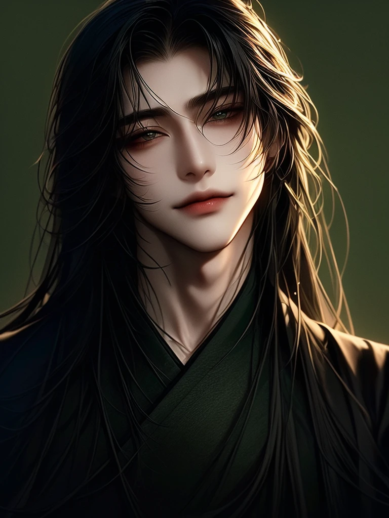 Masterpiece, high-quality, deep and dark color, 2.2D, fascinating, handsome, upper body, close-up face, very sly smile,charisma, very long smooth black hair, emerald eyes, black hanbok cloth, mysterious, very dreamy, movie light background