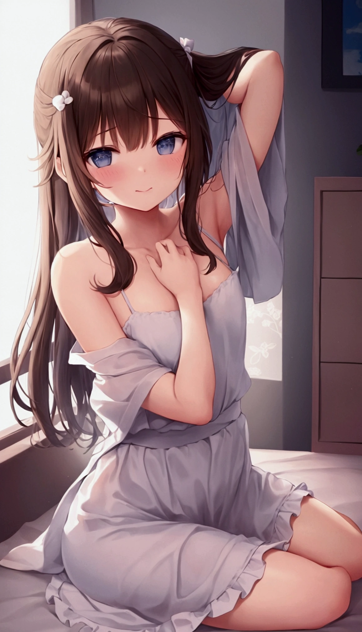 Beautiful girl in a flowered camisole embarrassed by being seen semi-naked in a room, anime girl, big rounds breasts, (pink camisole with short sleeves and lace, white panties), full of sweat, flirty panties, dark brown hair, gradient hair, bangs, shoulder-length bangs, long hair, wavy hair, swept bangs, shiny hair, red hairband, aqua eyes, glowing eyes, pupils sparkling, embarrassed, blush, tongue, open mouth, flustered, upper teeth, beautiful thighs, thin legs, small waist, perfect body, high detail, anime, chiaroscuro, dithering, outside border, three-quarter view, from below, perspective, panorama, Wide-Angle, f/1.8, 85mm, Sony FE, 8k, super detail, UHD, retina, masterpiece, accurate, anatomically correct, textured skin, highres, best quality, 16k,