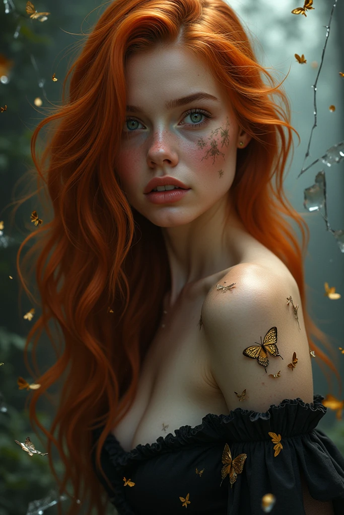 White-skinned redhead woman with upturned nose, blue eyes with purple, with a small butterfly tattoo on her neck showing her breasts 