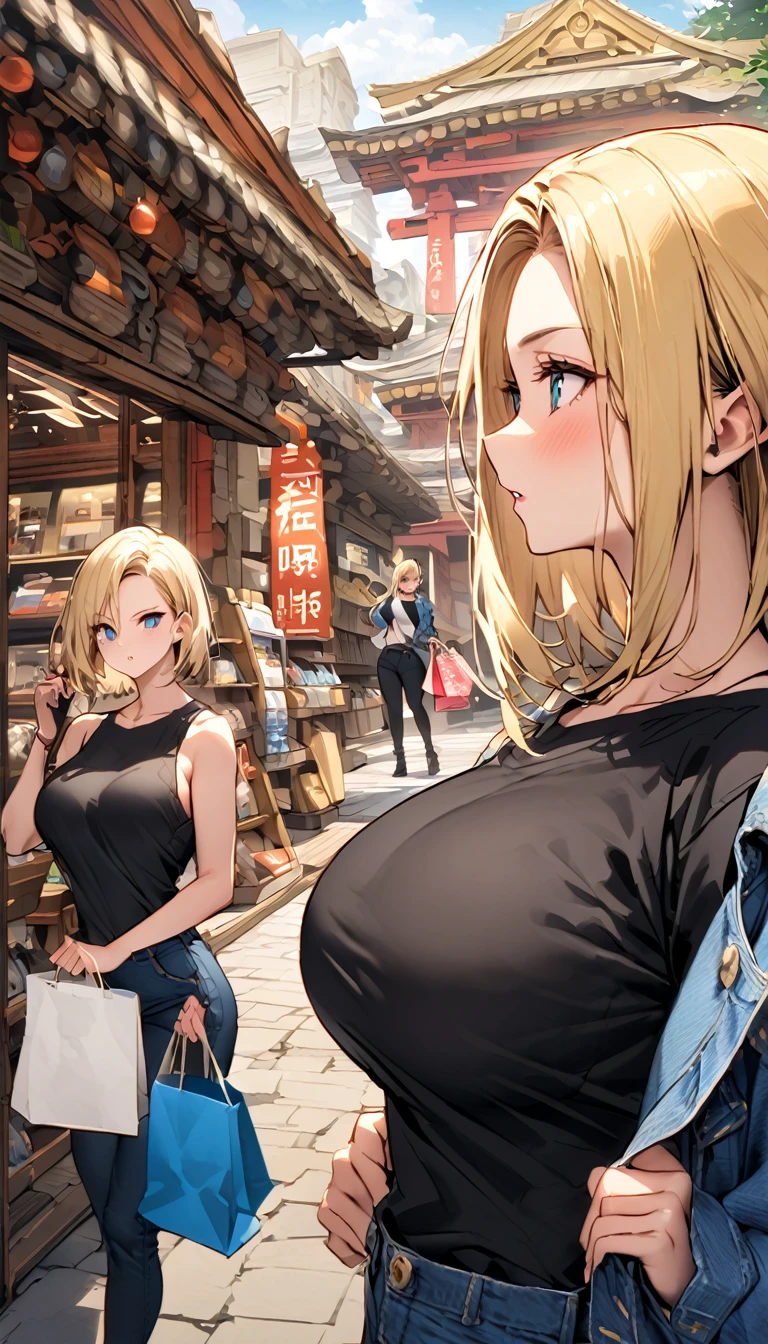 Android 18、Blonde、 big breasts at the temple、valley、、 black shirt 、denim jacket、 the background is the city、(( shopping:1.5))、((Choose your clothes))