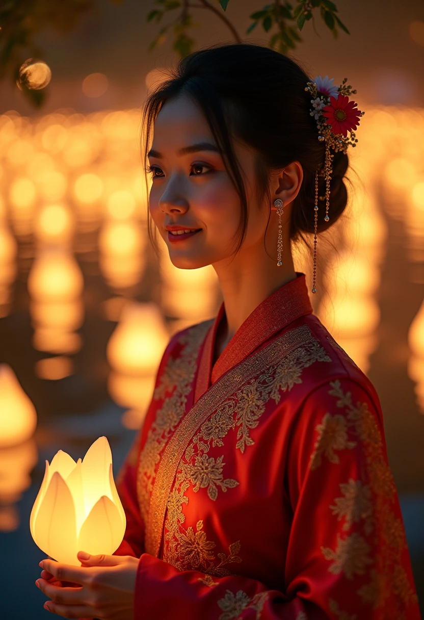 
Beautiful girl wearing Thai costumes, charming faces. Loi Krathong is one of the most charming Thai traditions in Thailand. It is usually held in November during the full moon day of the twelfth lunar month. It is a beautiful event that symbolizes the end of the rainy season and is a time when Thai people pay respect to the Goddess of Water, the Goddess of Water.During this enchanting festival, the night sky is illuminated with countless floating lanterns, each carrying the hopes and prayers of those who release them. Families gather by rivers and lakes, crafting delicate krathongs—small, lotus-shaped rafts made from ba leaves, flowers, and candles. As they set their krathongs adrift, they make wishes for good fortune, love, and happiness in the coming year.

The atmosphere is filled with laughter and joy, as traditional music and dance performances echo through the air. Young women, adorned in exquisite traditional attire, gracefully dance to celebrate the occasion, showcasing the rich cultural heritage of Thailand. The shimmering waters reflect the glow of the candles, creating a mesmerizing spectacle that captivates the hearts of all who witness it.

Loi Krathong is not just a visual feast; it is also a time for reflection and gratitude. People take a moment to express their appreciation for the water that sustains their lives, acknowledging its importance in their daily existence. This beautiful tradition fosters a deep connection to nature and a sense of community, as friends and families come together to share in the festivities.

As the night unfolds, the sight of thousands of krathongs floating away serves as a reminder of the beauty of letting go—releasing past grievances and welcoming new beginnings. Loi Krathong is a celebration of light, love, and the enduring spirit of the Thai people, making it a truly unforgettable experience for both locals and visitors alike.