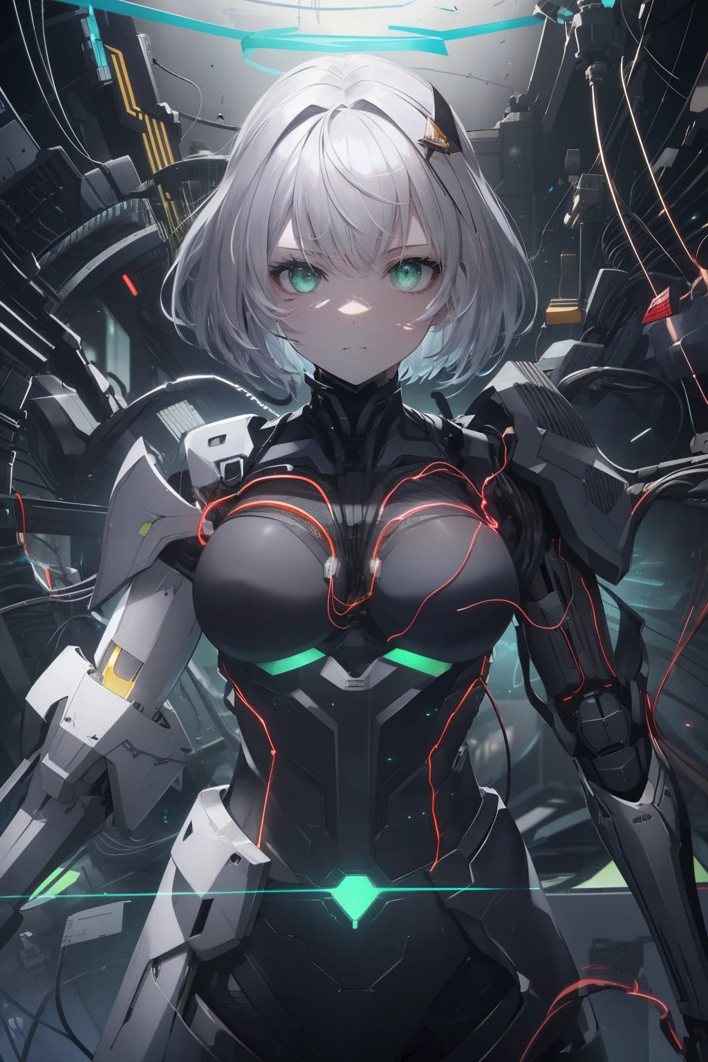 light particles, halo, (bioluminescent:0.95), bioluminescent, piercing glare, vibrant, (((colourful))), color, (glowing, glow), reflection light, depth of field, from behind, multiple views, delicated best quality, (((masterpiece))), ((best quality)), ((ultra-detailed)), (CG illustration), (an extremely devious and beautiful)), cinematic light, ((1 mechanical girl)), (gray hair), (short hair), (green eyes), (glowing eye), (great sword in hand), (crown), single, full, mechanical halo,star halo,intricate mechanical bodysuit, mecha corset, full armor, (machine-made joints: 1.4), ((mechanical limbs)), ( blood vessels attached to the tube), ((mechanical spine attached to the back)), ((mechanical cervical vertebrae attached to the neck), ((combat stance)), expressionless, (wires and cables attached to the head and body: 1.5), (character focus), science fiction, apocalypse, glow, (full shoot body:1.1)