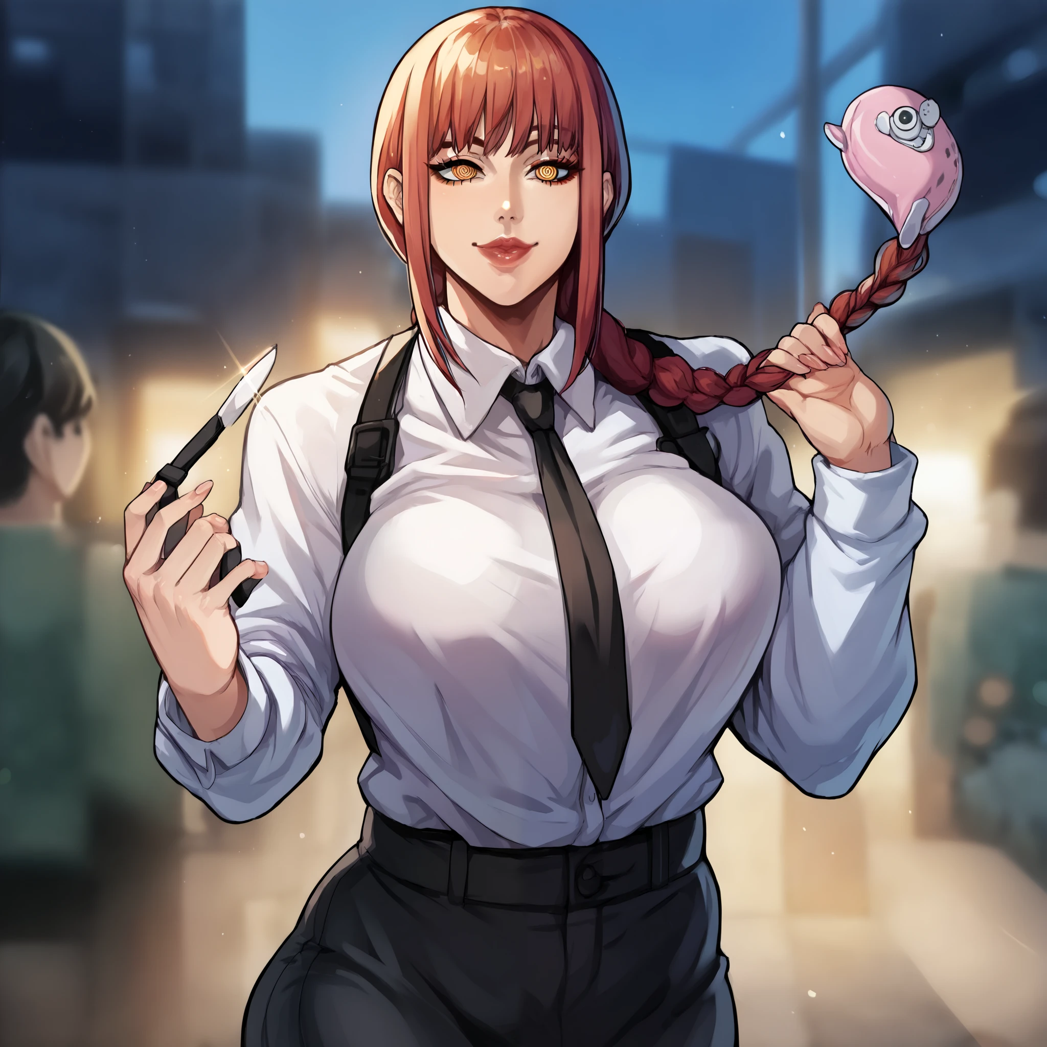 score_9, score_8_up, score_7_up, score_6_up, score_5_up, score_4_up, BREAK source_anime,rating_explicit,a girl,woohyoot ,
,(portrait,makima \(chainsaw man\),  )
,lips, thick lips,plump,
,curvy,
,collared shirt, necktie, black necktie,
ringed eyes, braided ponytail, formal,
, long hair,bangs,office lady, 
,happy,looking at viewer,facing viewer,outdoors,
