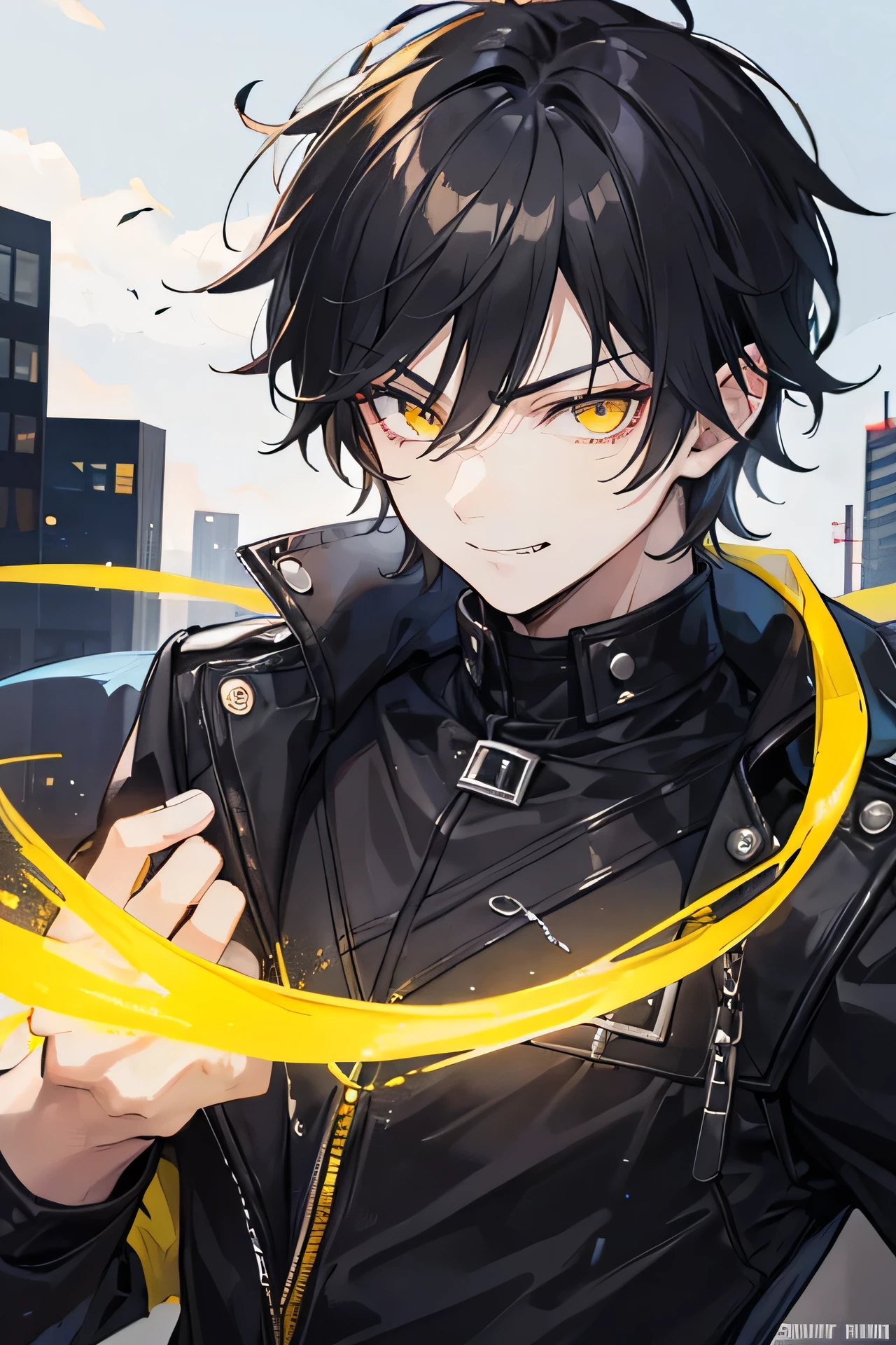 Anime - style image of a man with a black jacket and yellow eyes ...
