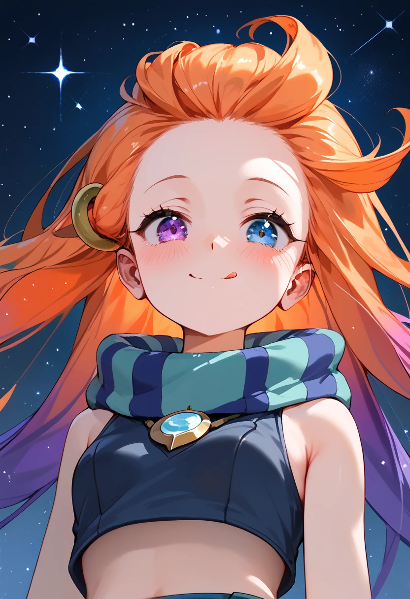 Masterpiece, best quality, Anime, 1girl, ZoeLoLXL, mature, purple eyes, (blue eye), heterochromia, orange hair, multicolored hair, gradient hair, purple hair, very long hair, forehead, small breasts, green scarf, striped scarf, bare shoulders, blue midriff, necklace, bracelet, smile, blush, cute, tongue out, portrait, close-up, looking at viewer, from below, starry background, simple background, score_9, score_8_up, score_7_up, unaestheticXL_bp5,