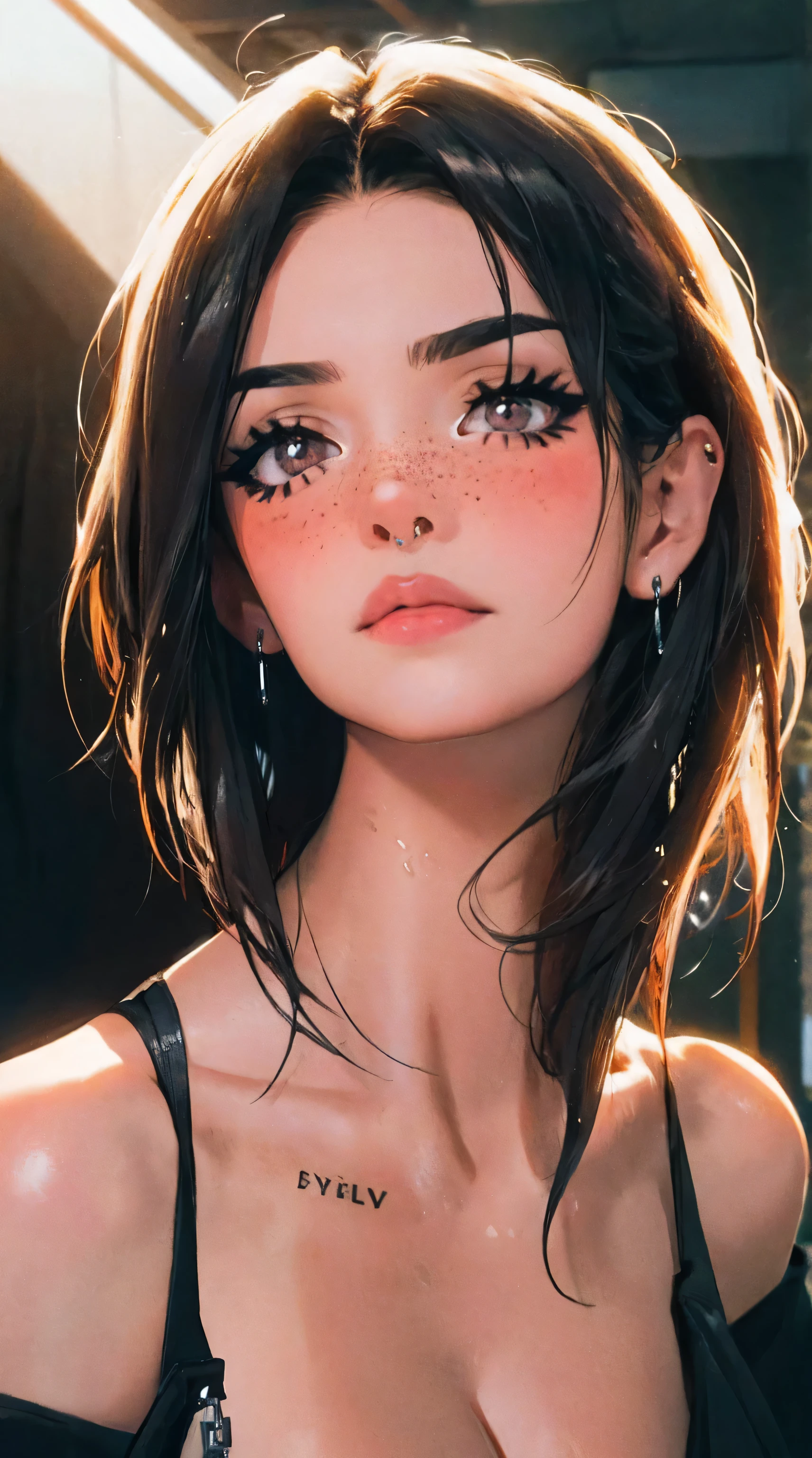 1 girl, Natural photography of a beautiful girl, wearing a loose crop top, leaning over, shoulder length dark flowing hair, big bust, locks eyes into the camera, symmetrical eyes, symmetrical face, photorealistic, photography, path tracing, specular lighting, volumetric face light, path traced hair, visible shadows, intricate, elaborate, huge , cleavage, wet skin, flirty, freckles, blush, (covered in tattoos, septum piercing), (v string thong)