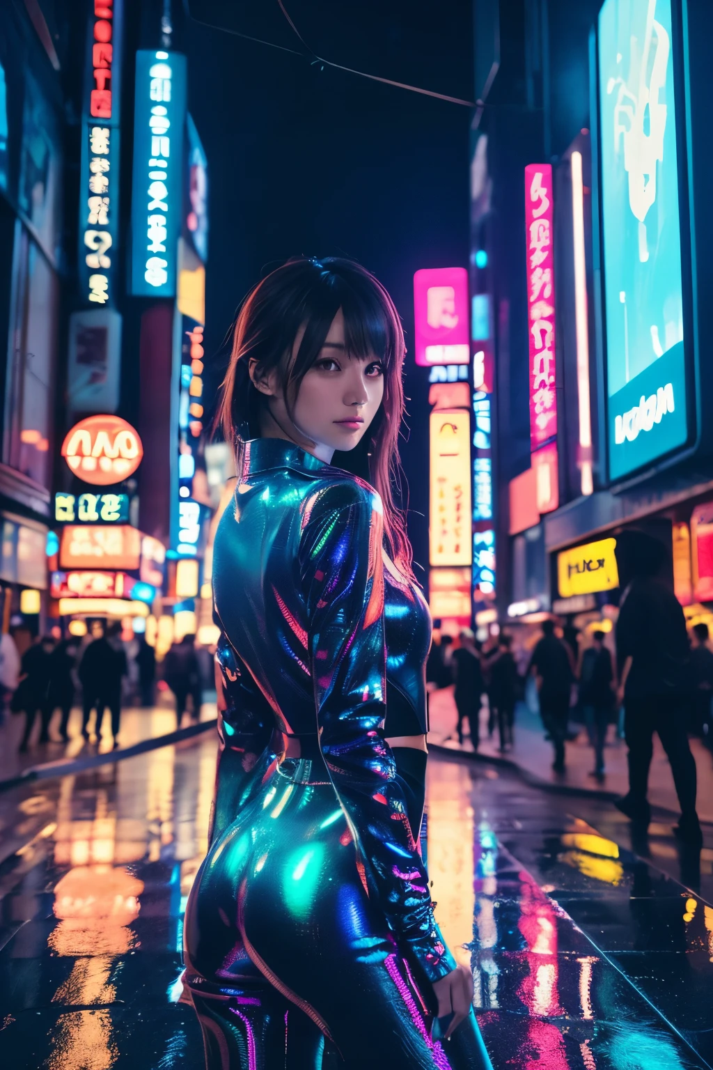 "A beautiful woman walking through the neon-lit streets of Shinjuku at night, highly detailed urban environment, futuristic cityscape with glowing signs and holographic advertisements, cinematic lighting, reflections on wet pavement, realistic 16k resolution, immersive SF movie-style visuals, high detail in facial expressions and clothing, natural skin texture, vivid colors."