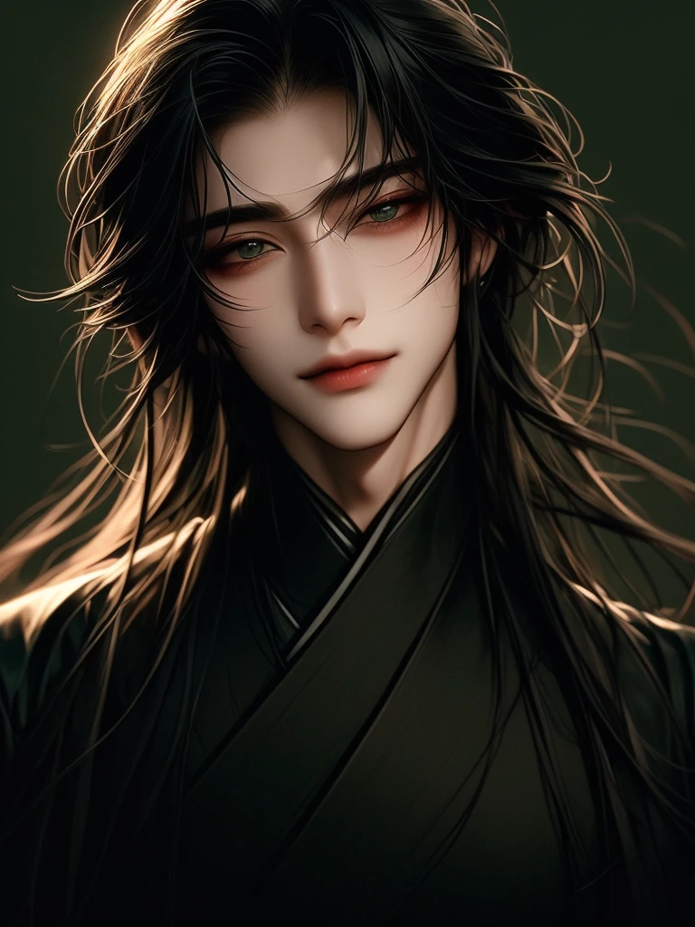 Masterpiece, high-quality, deep and dark color, 2.2D, fascinating, handsome, upper body, close-up face, very sly smile,charisma, very long smooth black hair, emerald eyes, black hanbok cloth, mysterious, very dreamy, movie light background