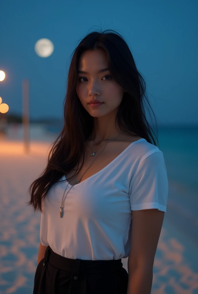 woman at night on the beach, bright moon, face hd, beautiful model