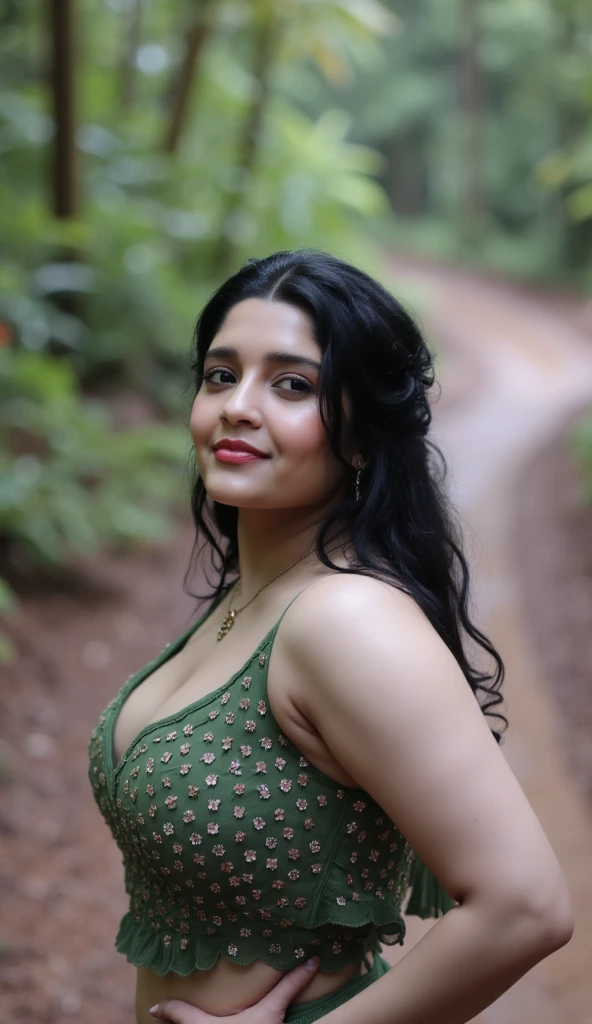 a young girl in a forest, detailed portrait of a beautiful girl with black hair, detailed face and body, perfect proportions, photorealistic, masterpiece, ultra-detailed, high resolution, 8k, cinematic lighting, dramatic lighting, chiaroscuro lighting, dramatic shadows, glowing skin, defined collarbones, detailed hair, depth of field, lush greenery, moss covered trees, sunlight filtering through the leaves, magical atmosphere, serene, peaceful, ananya, ritika , huge bust, soft build body