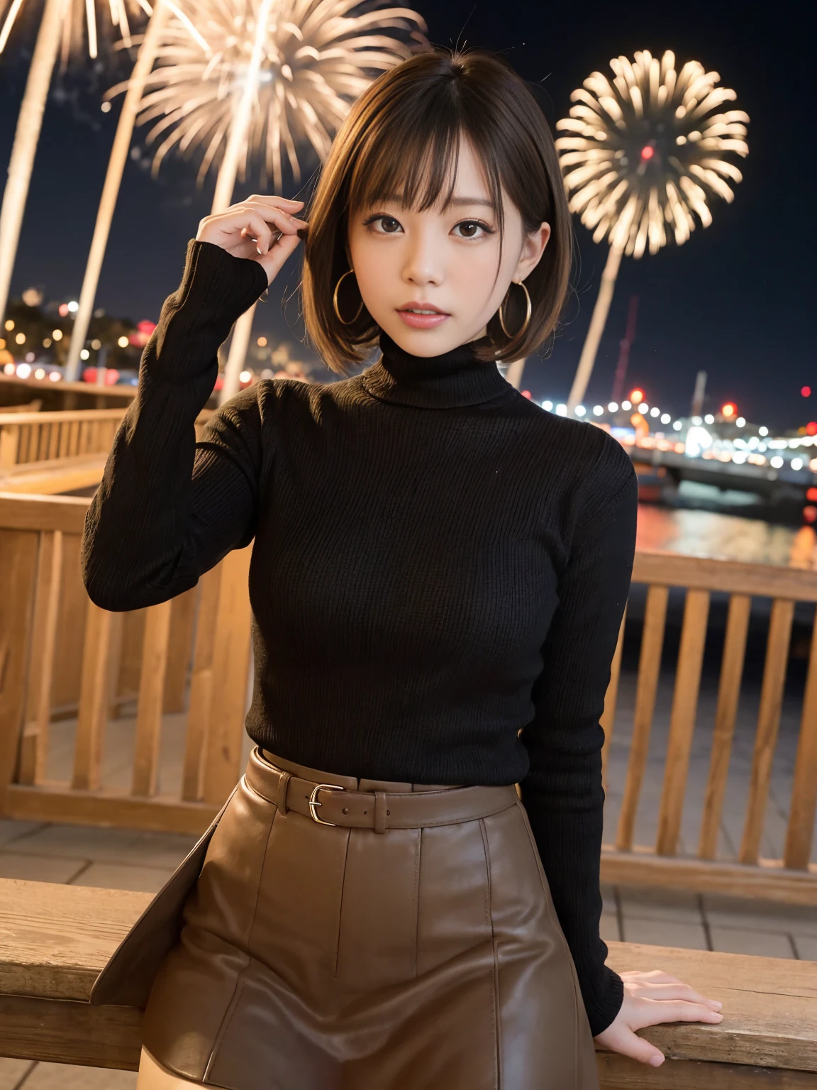 (1 woman), alone, short bob, 28 years old, Japanese, brown eyes, brown hair, slim figure, flat chest, rosy cheeks, flushed face, happy, happy,
break
Clothing
Black turtleneck knit top, dark gray high waist flare skirt, black tights, brown short boots, silver hoop earrings
Break
Expression and background
Fisherman's Wharf night view and fireworks in the background