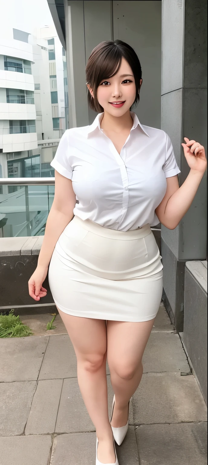 full body photograph, cute, beautiful, Japanese girl, Ada Wong inspired hair style, High Resolution, Looking at viewer, Smile, Seductive, thick thighs, thick hips, white tucked in shirt, white skirt, white tight office attire
