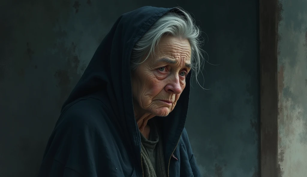 Haunting Portrait: A close-up of a , old portrait of a sad woman with a melancholic expression, displayed on a dusty wall.