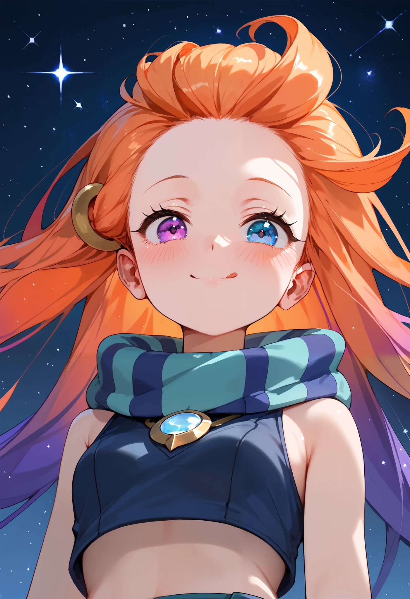 Masterpiece, best quality, Anime, 1girl, ZoeLoLXL, mature, purple eyes, (blue eye), heterochromia, orange hair, multicolored hair, gradient hair, purple hair, very long hair, forehead, small breasts, green scarf, striped scarf, bare shoulders, blue midriff, necklace, bracelet, smile, blush, cute, tongue out, portrait, close-up, looking at viewer, from below, starry background, simple background, score_9, score_8_up, score_7_up, unaestheticXL_bp5,